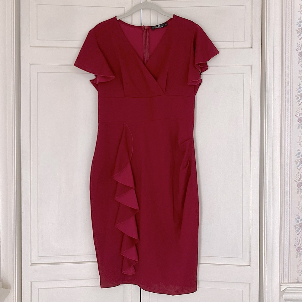 Red Short Sleeve Midi Bodycon Dress Size Large Ruffle Skirt